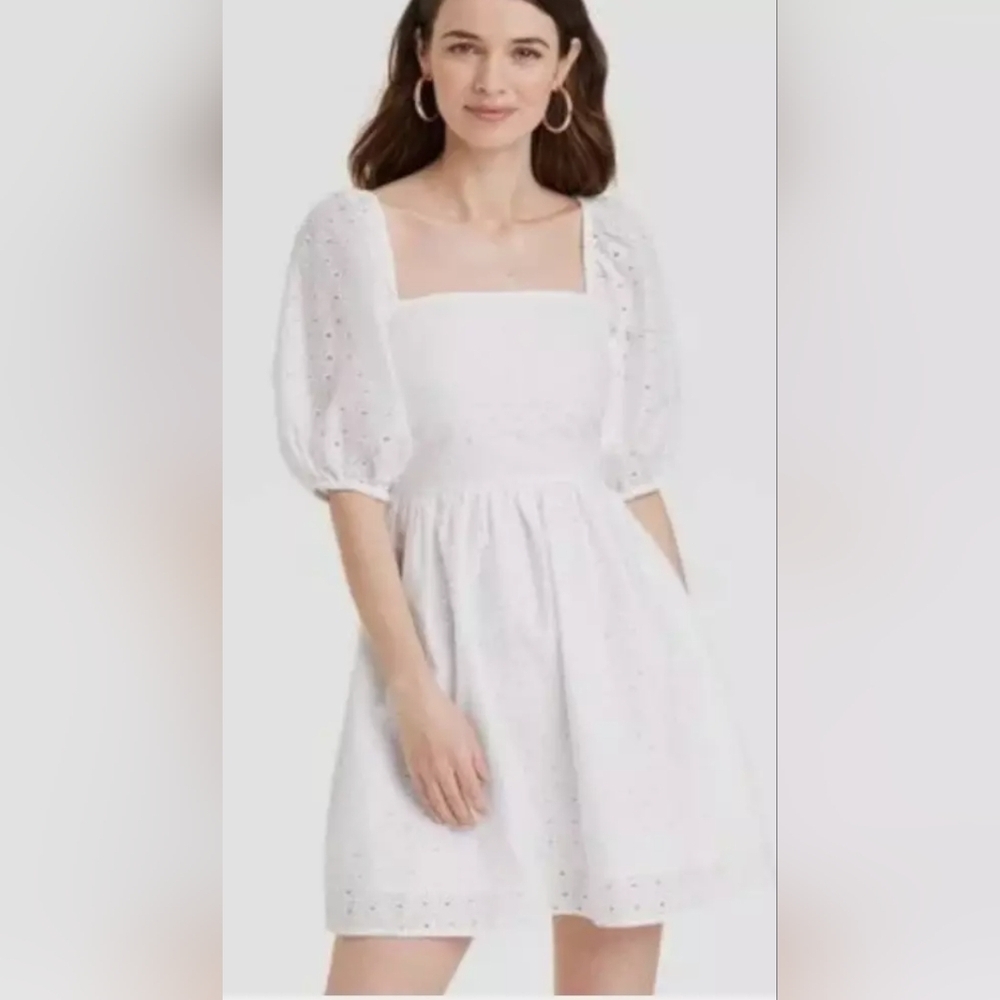 NWT A New Day Dress/ Women White Eyelet Open Back Puff Sleeve Dress / Size M